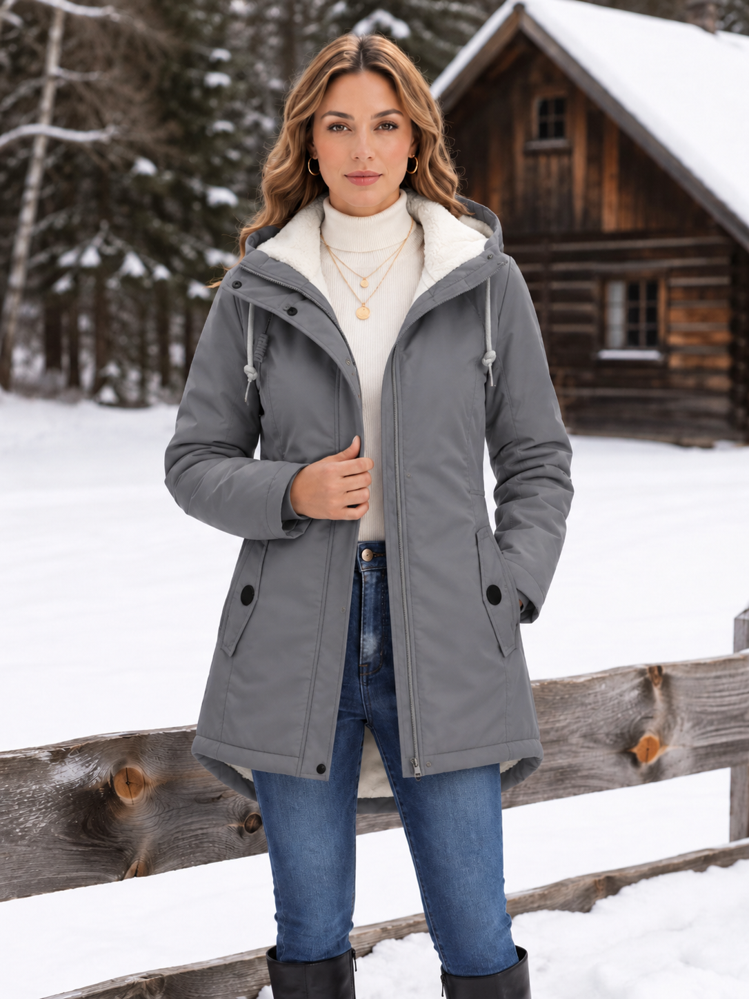Warm Hooded Parka with Sherpa Lining and Drawstring Waist