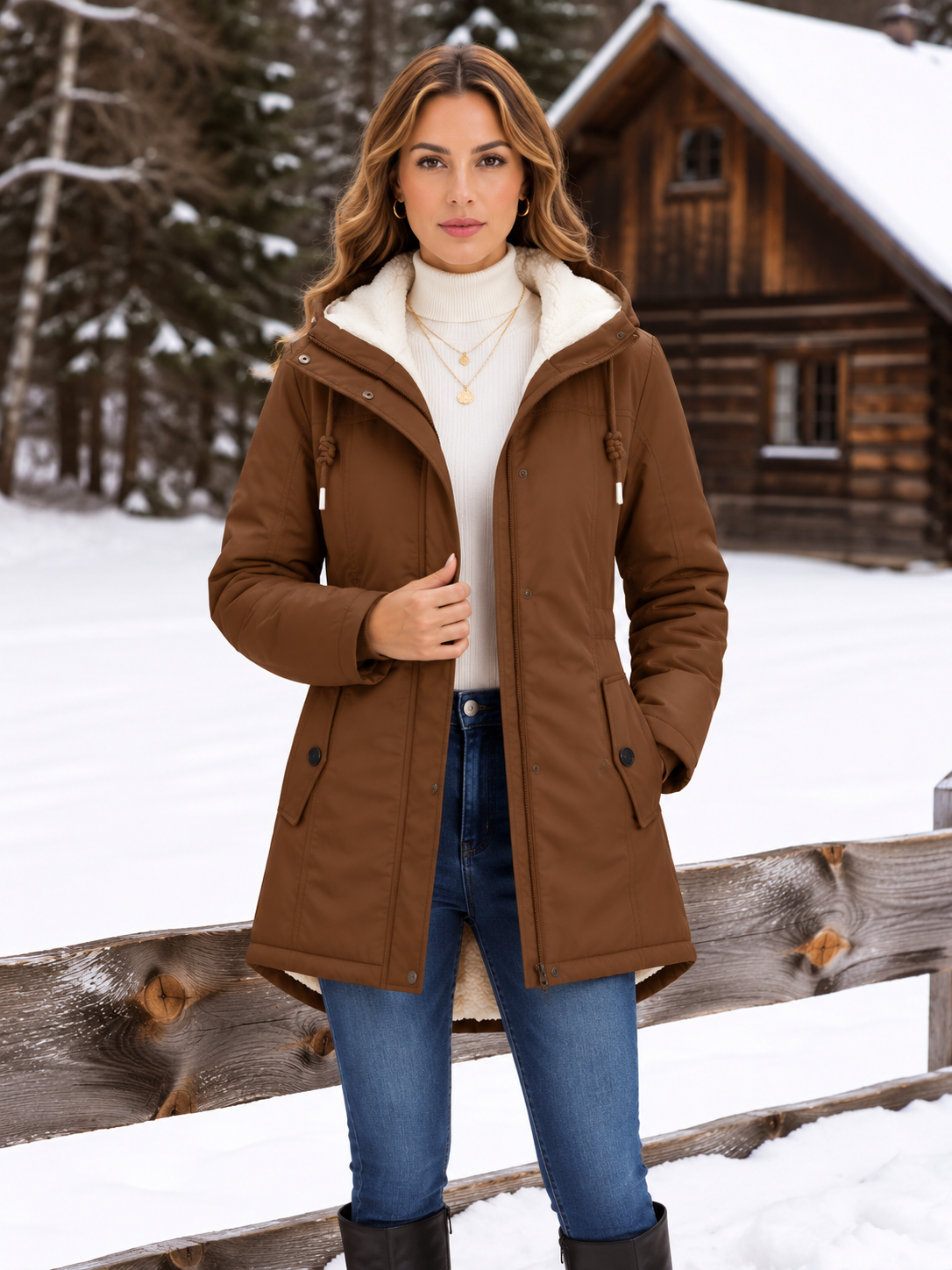Warm Hooded Parka with Sherpa Lining and Drawstring Waist