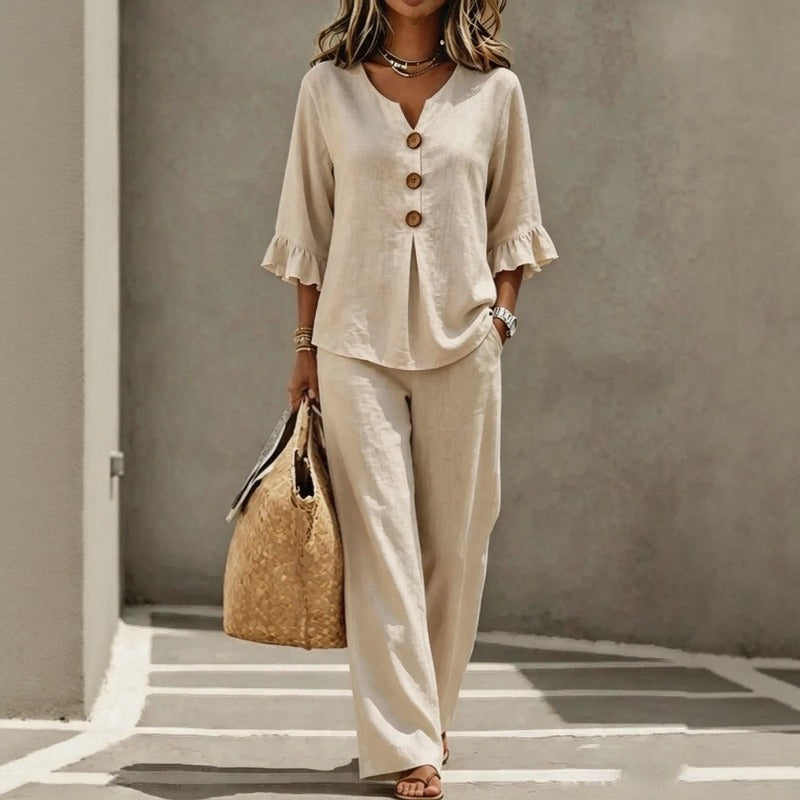 Cotton Linen Set with Button-Up Shirt, Ruffled Sleeves and Wide-Leg Trousers / Sophisticated Lightness for Hot Days