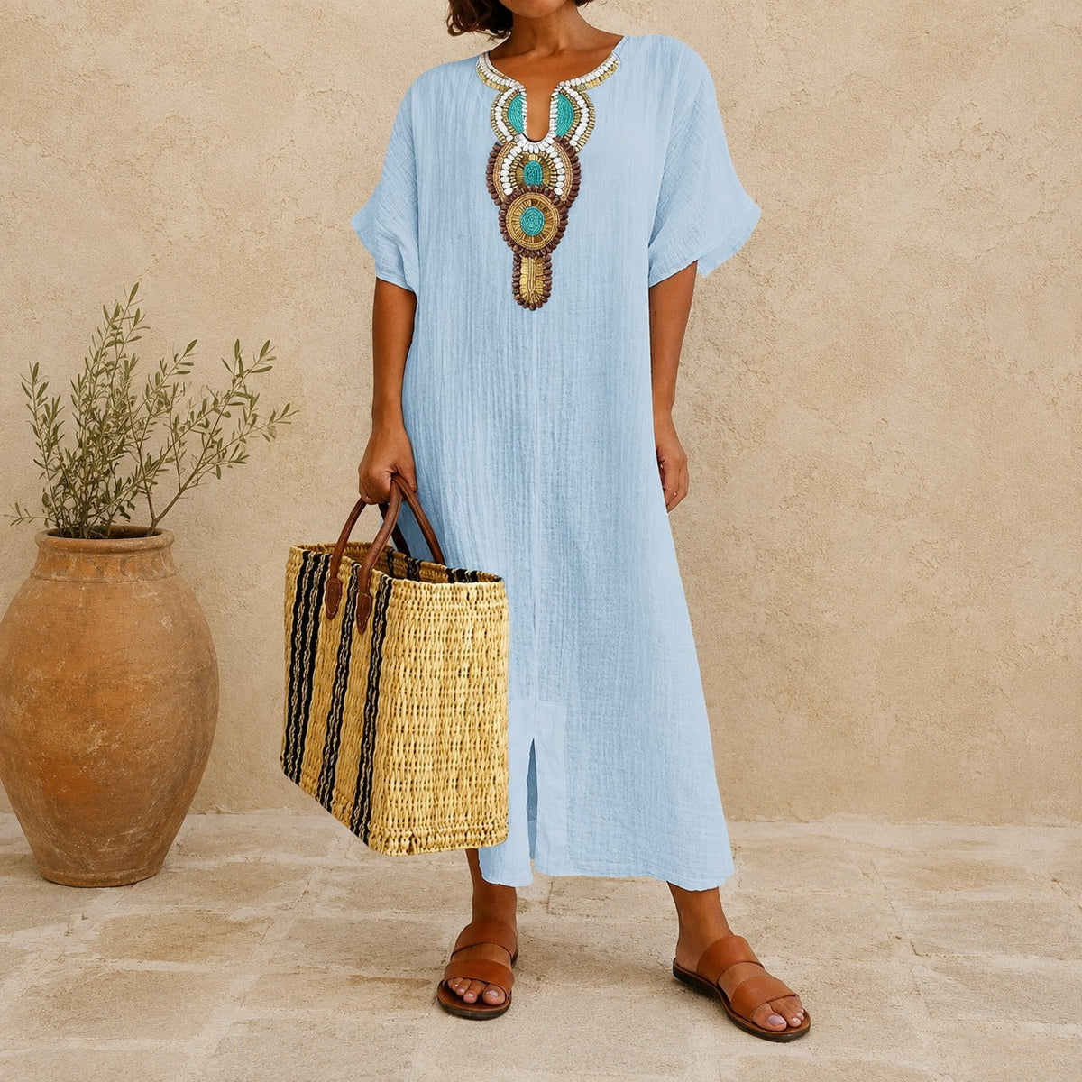 Cotton Linen Dress with Handcrafted Details and Loose Fit