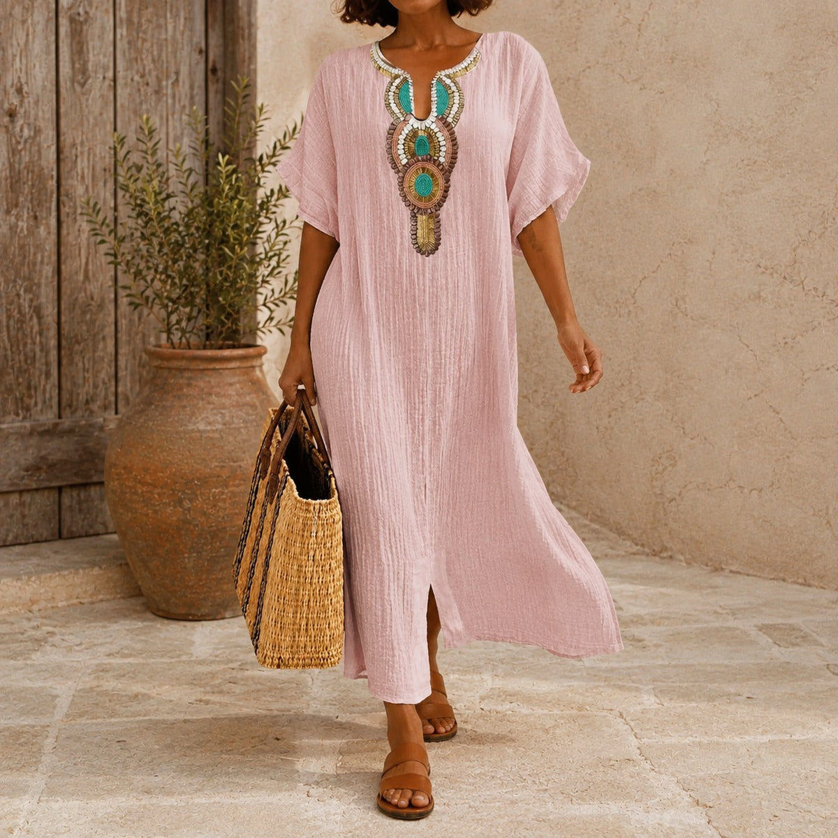 Cotton Linen Dress with Handcrafted Details and Loose Fit