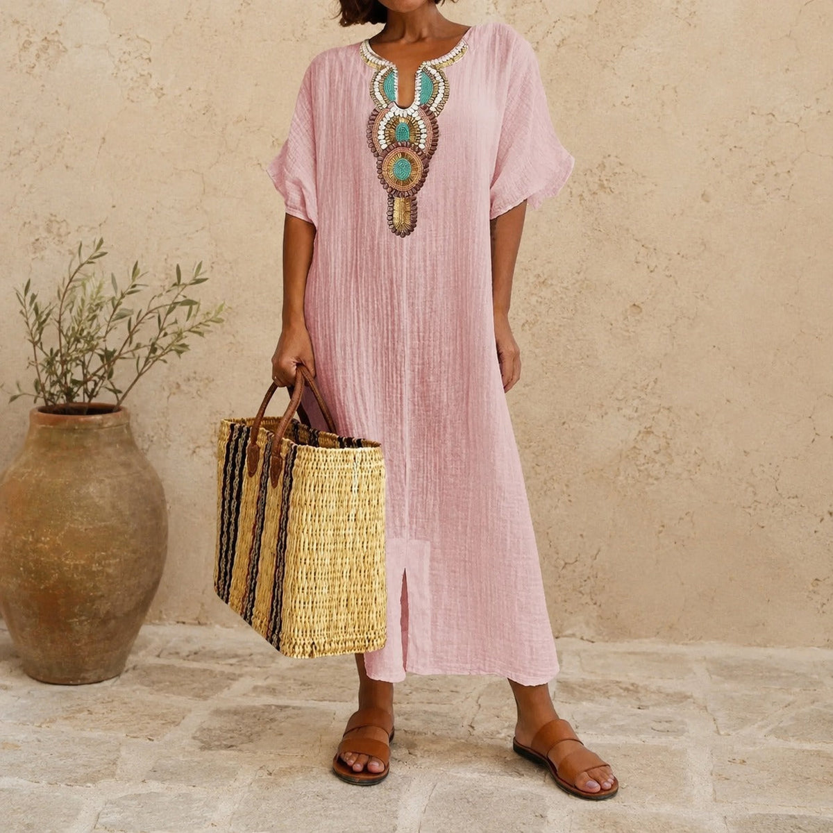 Cotton Linen Dress with Handcrafted Details and Loose Fit