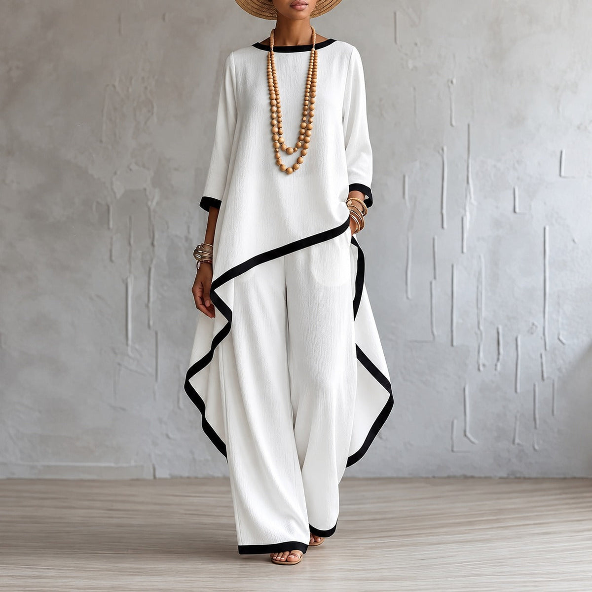 Set with Asymmetric Hem Top, Wide-Leg Trousers and Contrasting Details