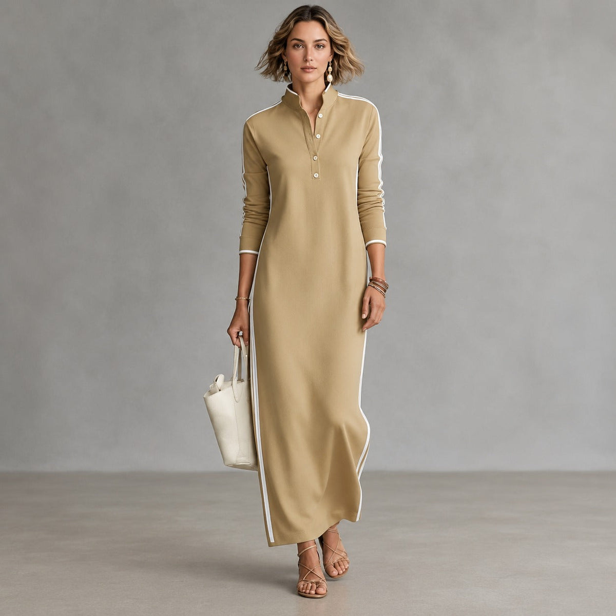 Polo Collar Dress with Side Stripes and Long Fit