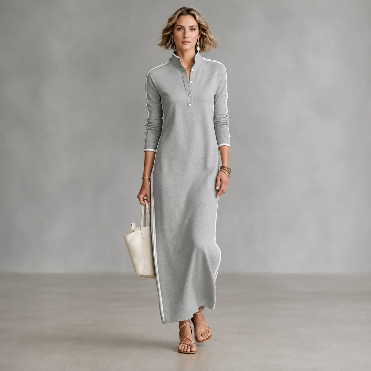 Polo Collar Dress with Side Stripes and Long Fit