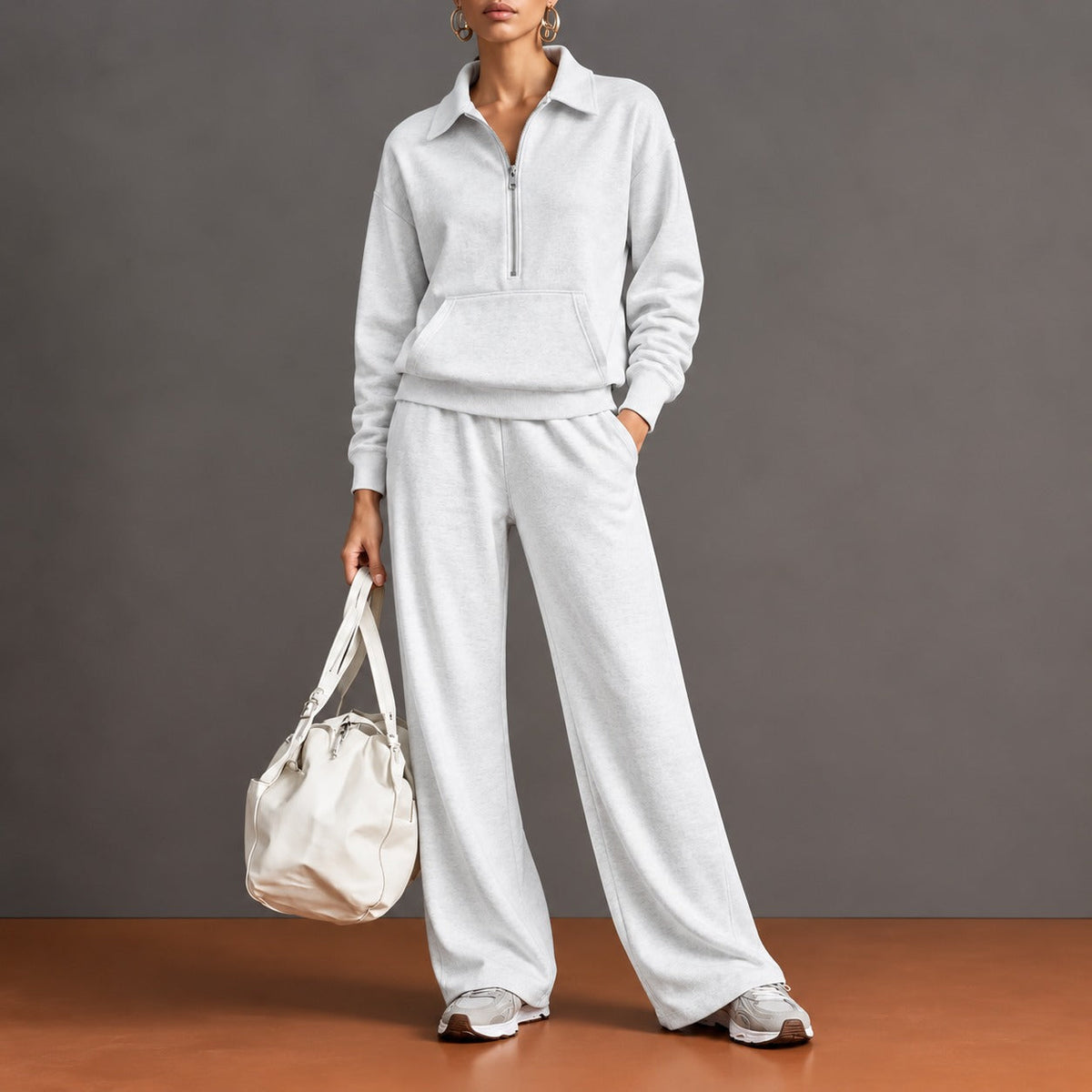 Set with Half-Zip Top, Kangaroo Pocket and Wide-Leg Pants