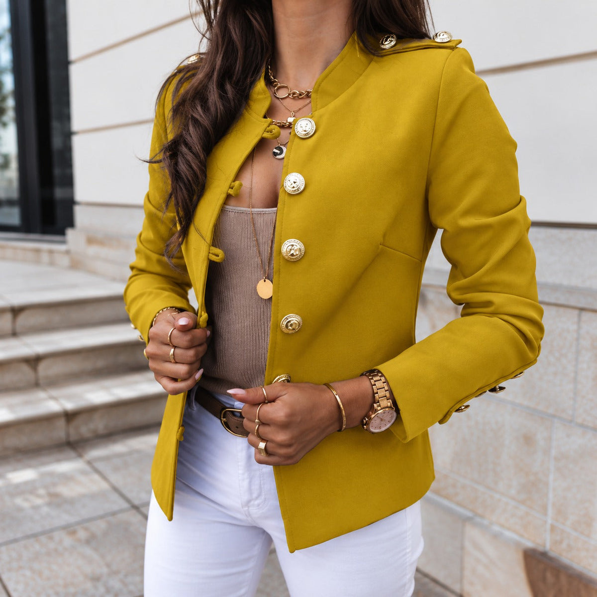 Jacket with Structured Collar, Front Button Closure and Shoulder Details