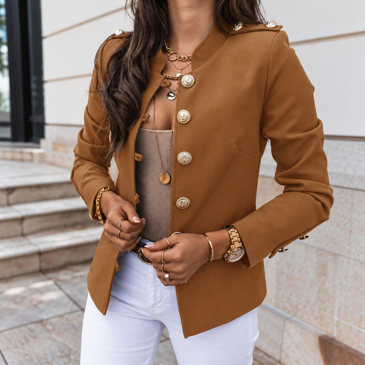 Jacket with Structured Collar, Front Button Closure and Shoulder Details