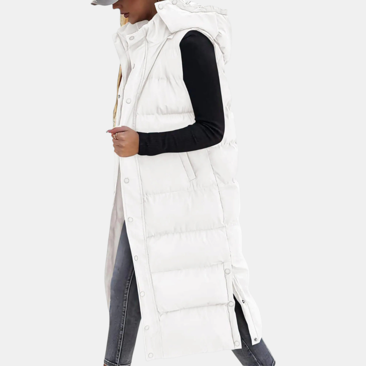 Cornelia Quilted Vest with Hood and Side Slits