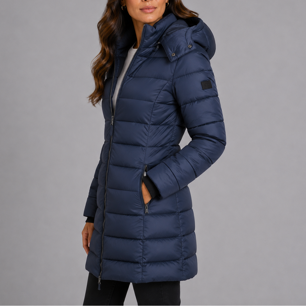 Women's Longline Hooded Puffer Coat with Quilted Finish and Full Zip