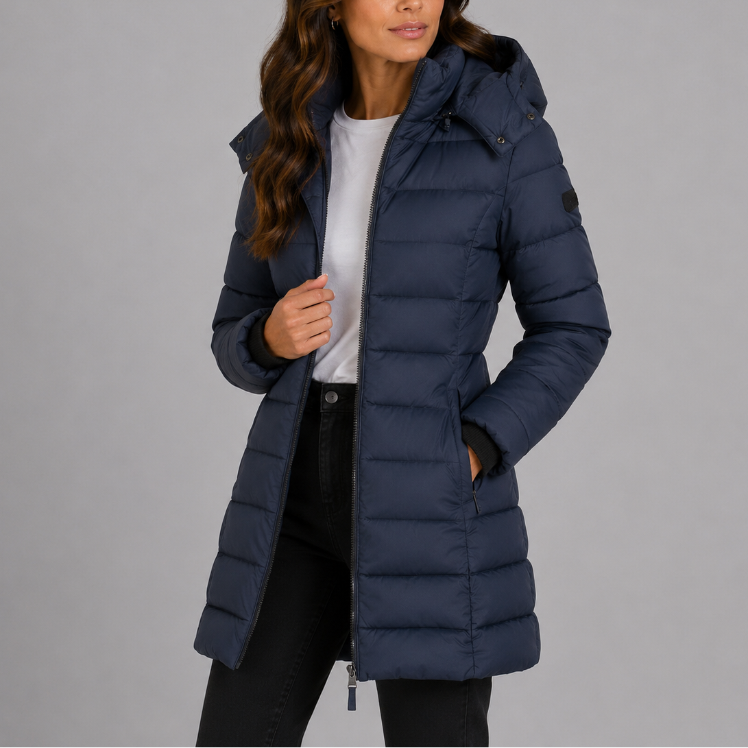 Women's Longline Hooded Puffer Coat with Quilted Finish and Full Zip