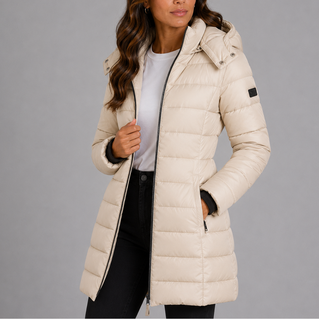 Women's Longline Hooded Puffer Coat with Quilted Finish and Full Zip