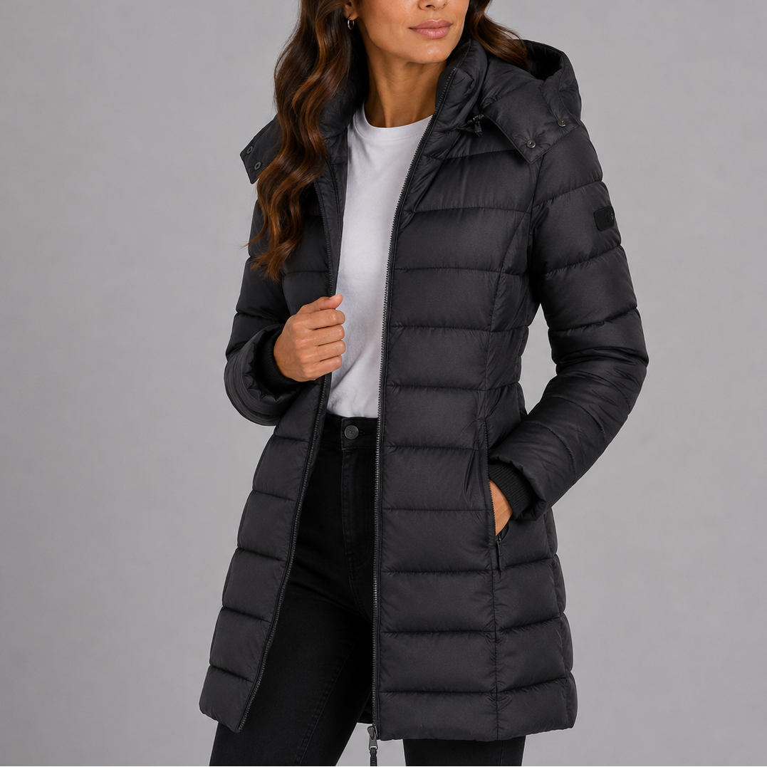 Women's Longline Hooded Puffer Coat with Quilted Finish and Full Zip