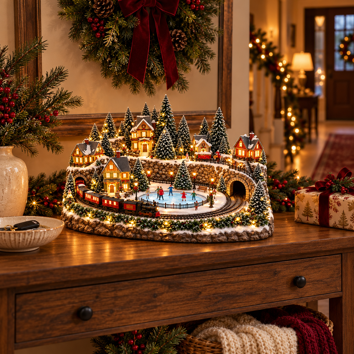 Yuletra | Miniature Winter Village with Moving Train & Skating Rink
