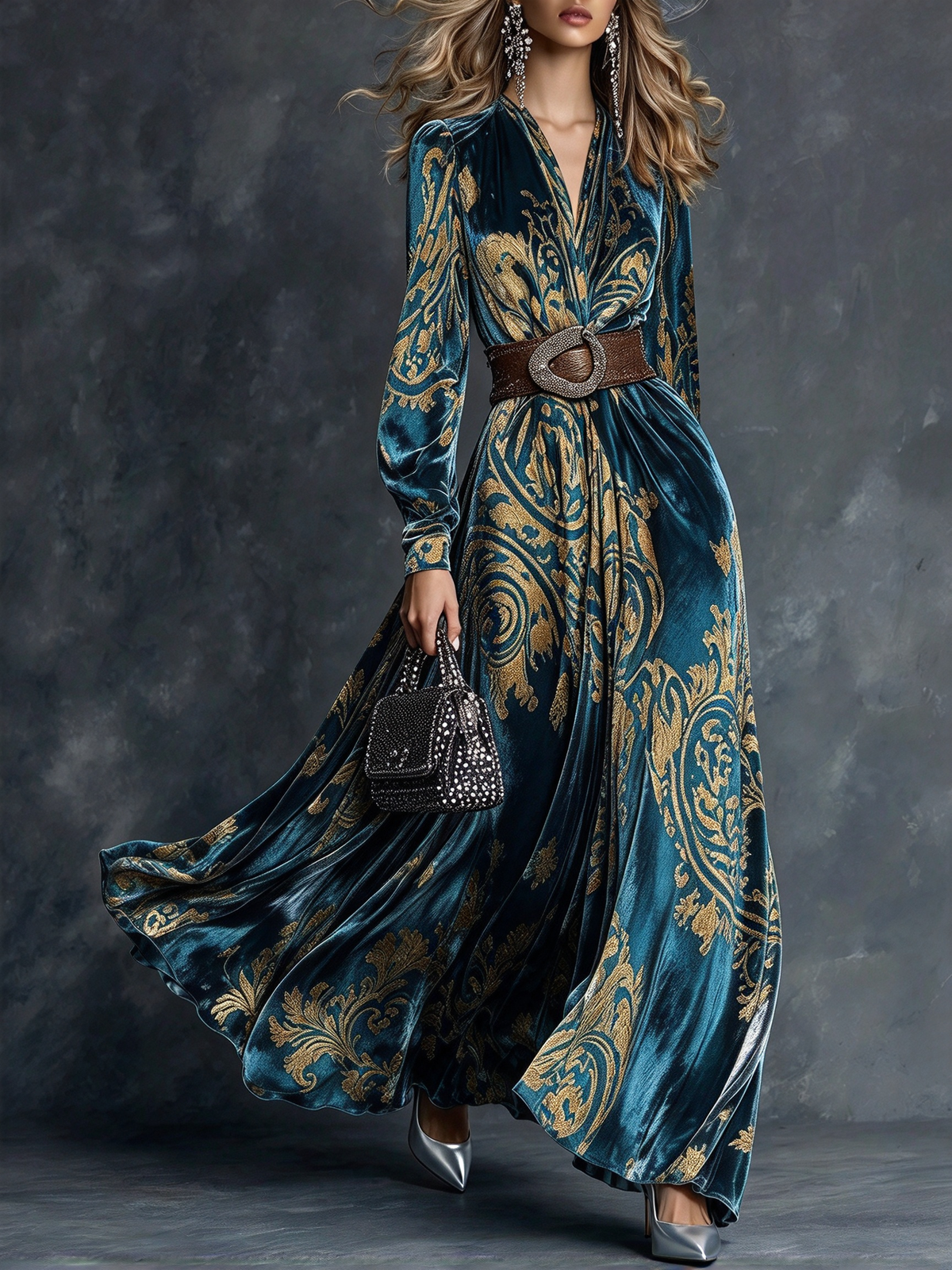 Teal Blue & Gold Baroque Print Maxi Dress