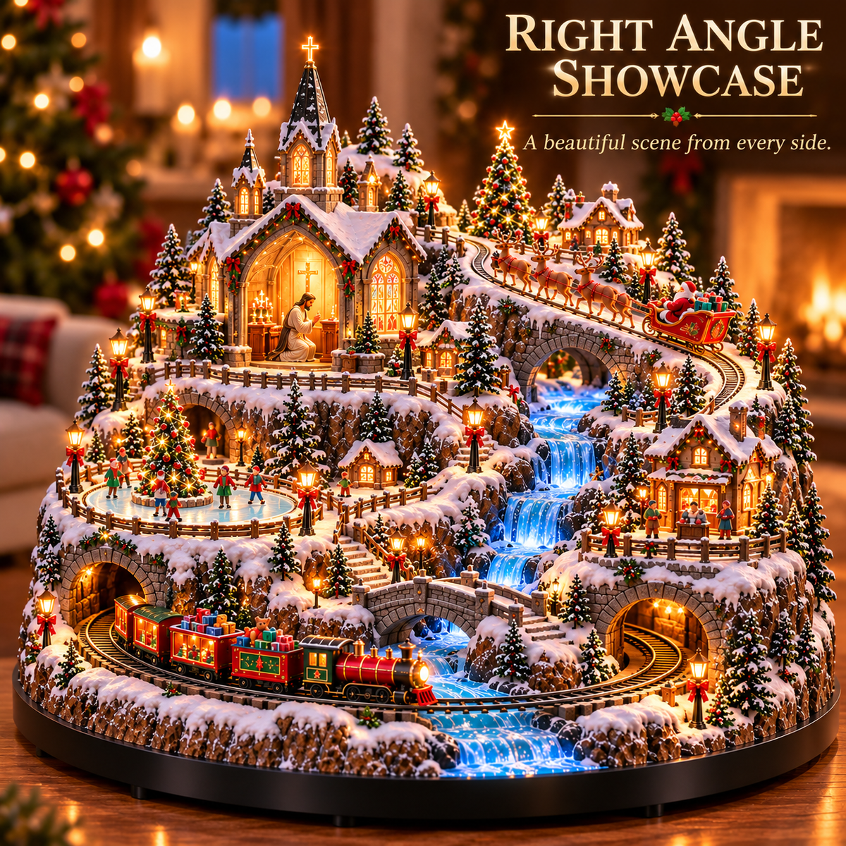Lighted Animated Christmas Village with Train, Reindeer Sleigh & Waterfall
