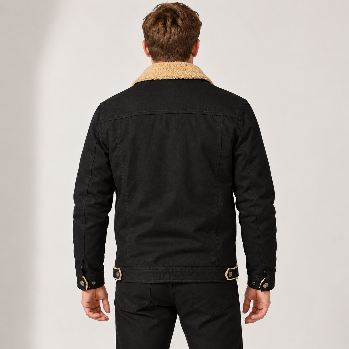 Men's Sherpa-Lined Trucker Jacket with Fleece Collar and Chest Pockets
