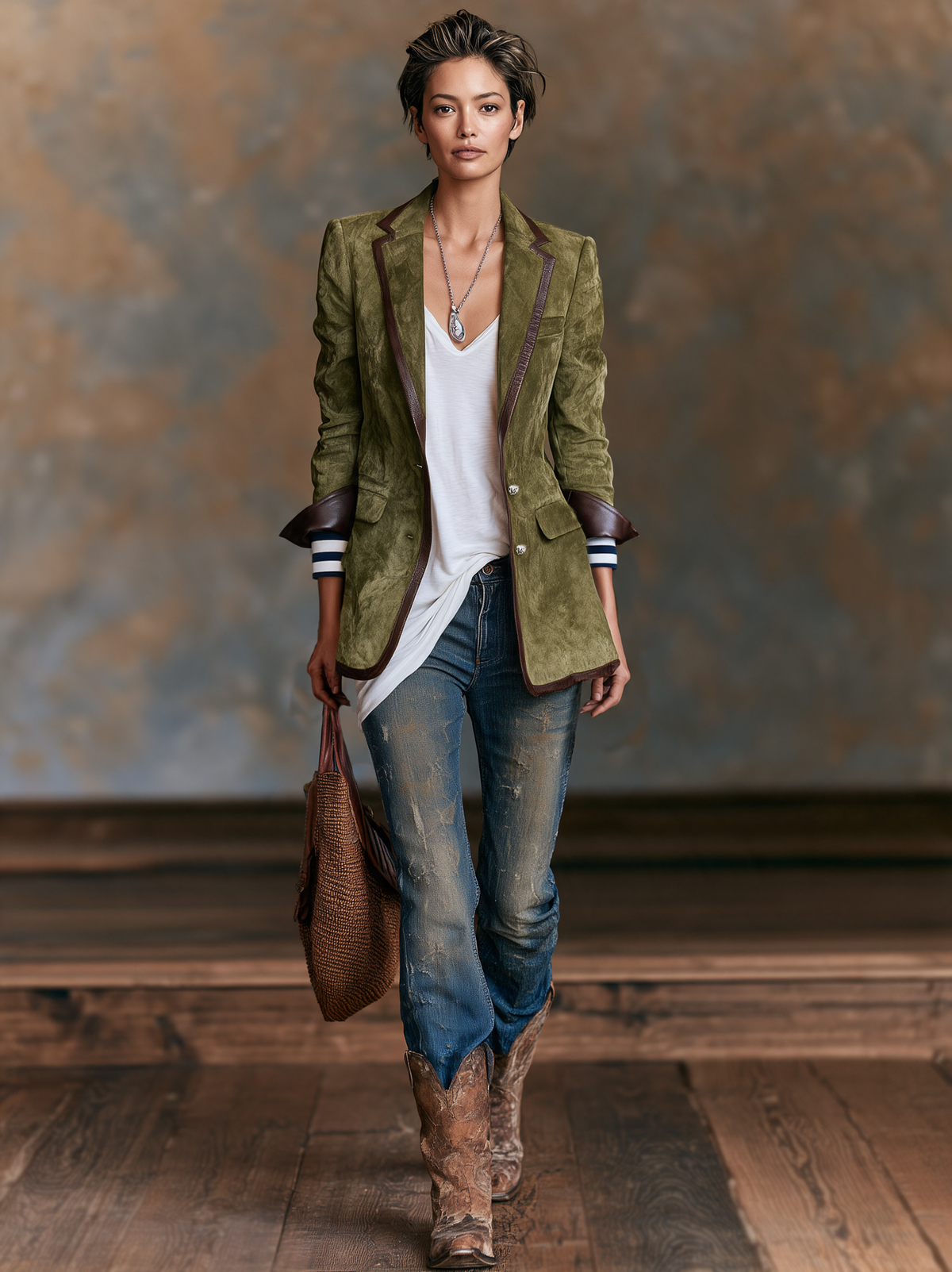 Women's Vintage-style Faux Suede Blazer With Red Leather Trim