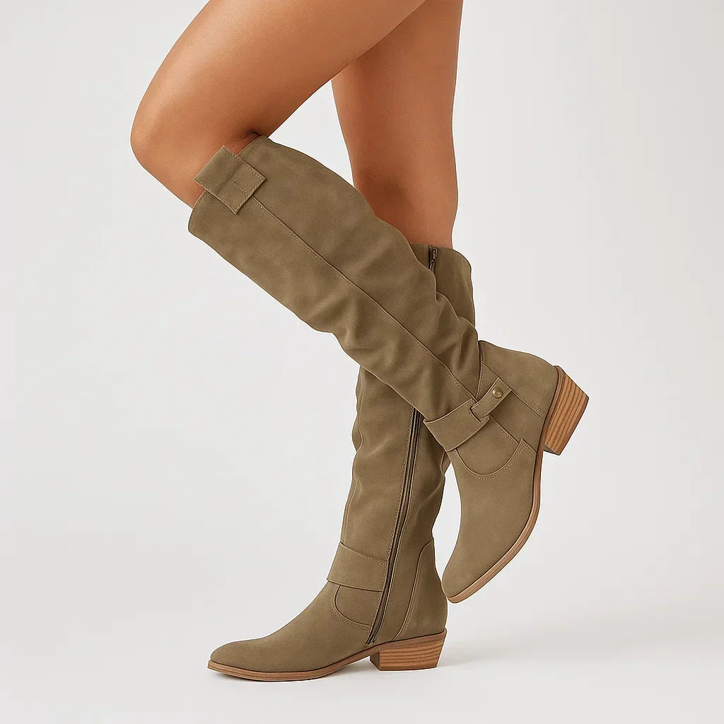 Knee-High Suede Boots with Block Heel for Women