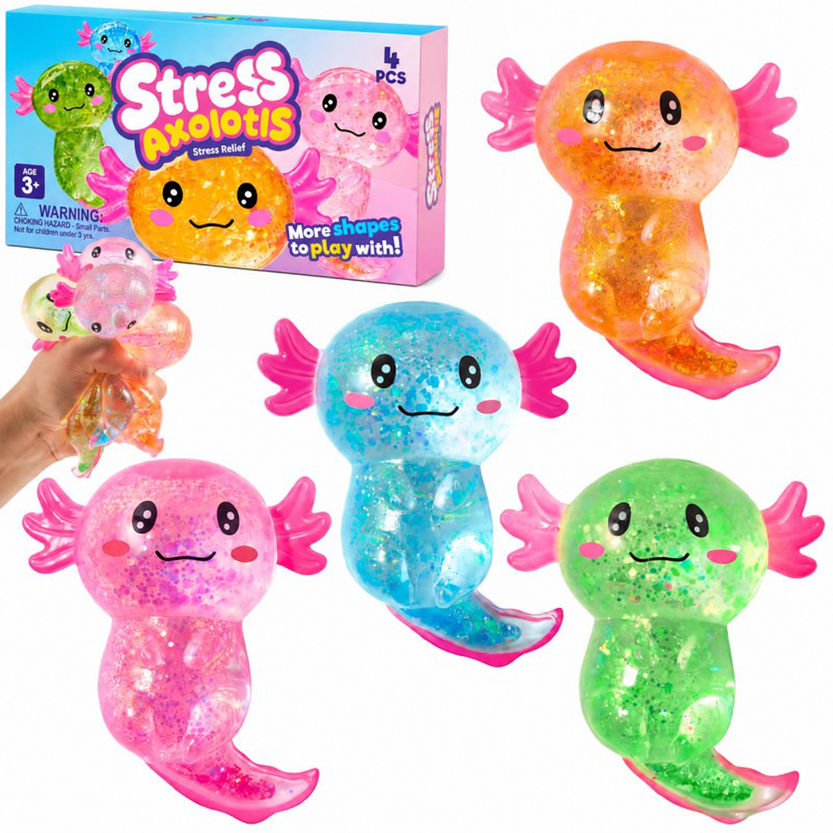 Axolotl Squishy 4-Pack, Slow Rise Glitter Stress Toys