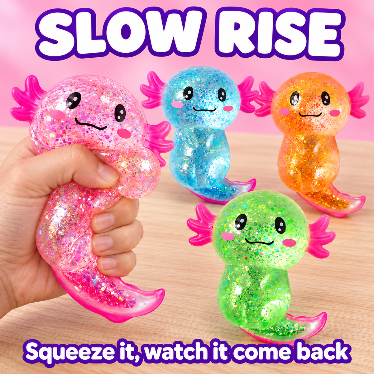 Axolotl Squishy 4-Pack, Slow Rise Glitter Stress Toys