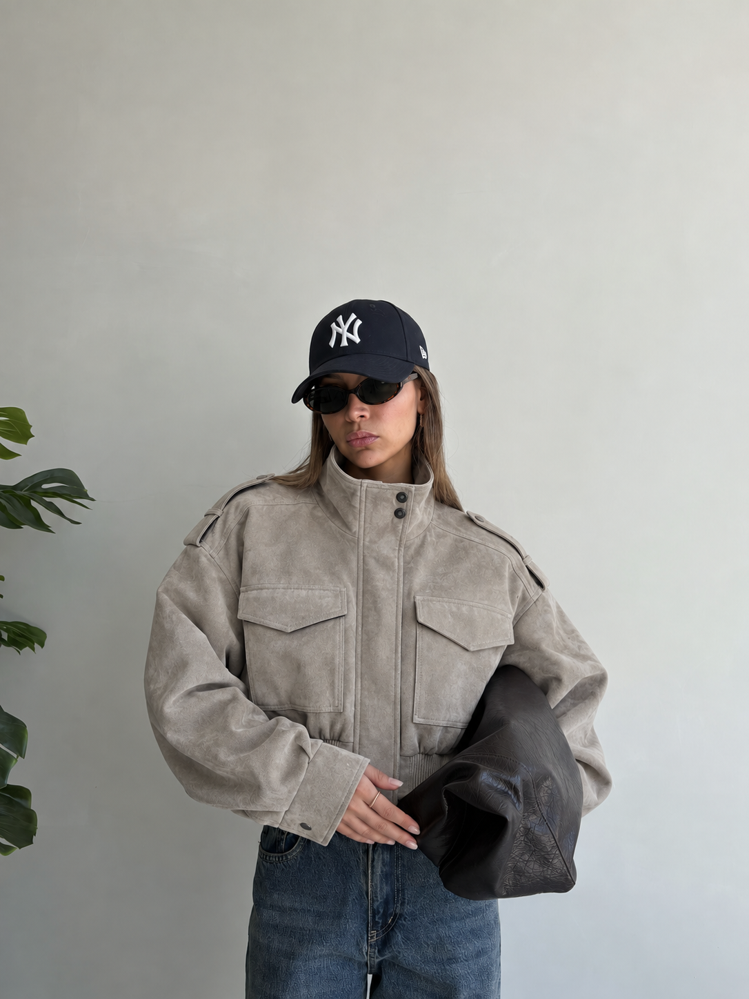 Suede Cropped Bomber Jacket in Gray