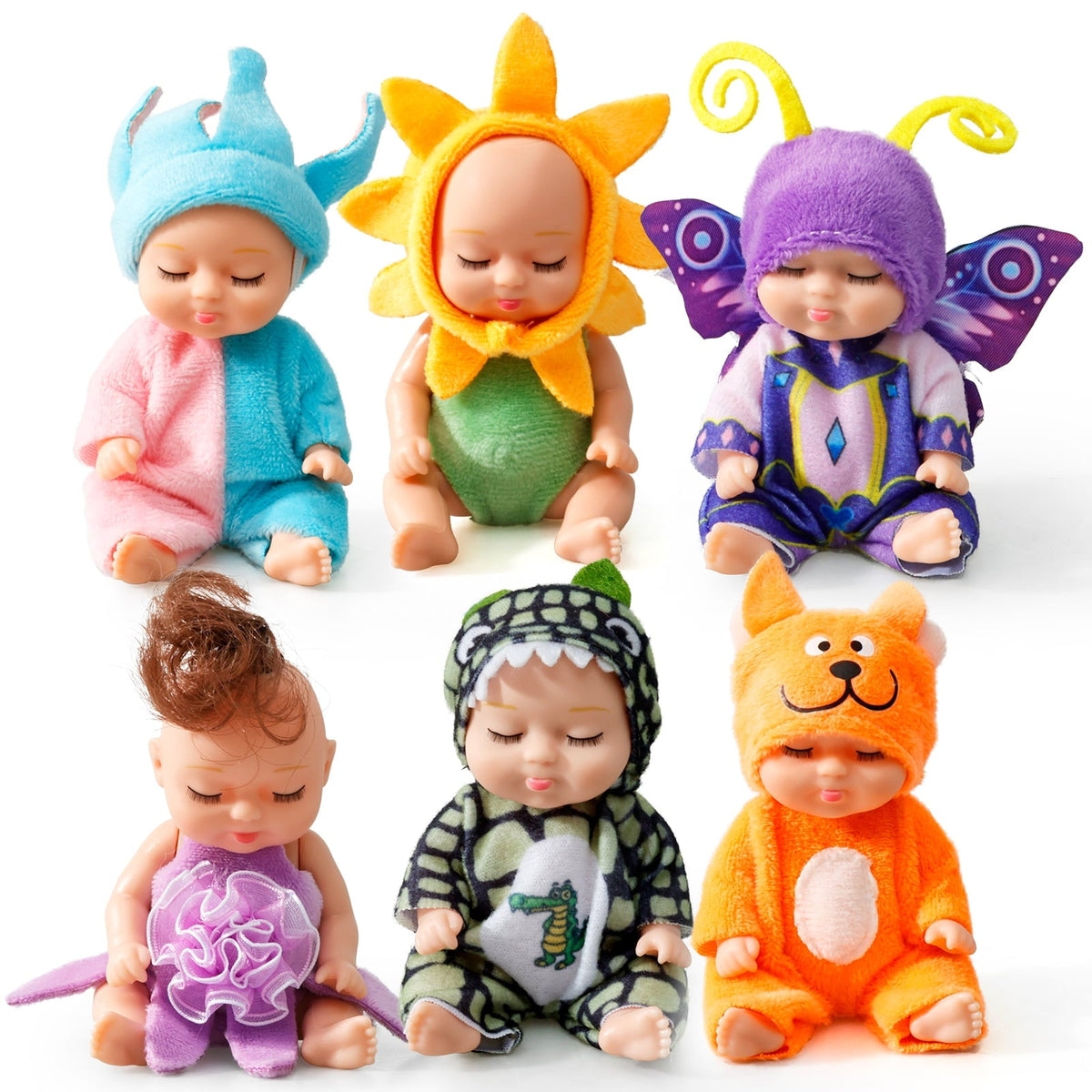 6-Piece Mini Baby Doll Set with Butterfly and Flower Outfits, 4 Inch
