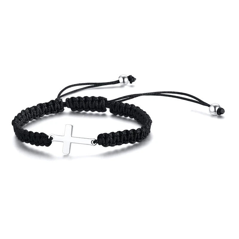 Cross Charm Braided Bracelet - Adjustable Black Cord with Silver-Tone Sideways Cross