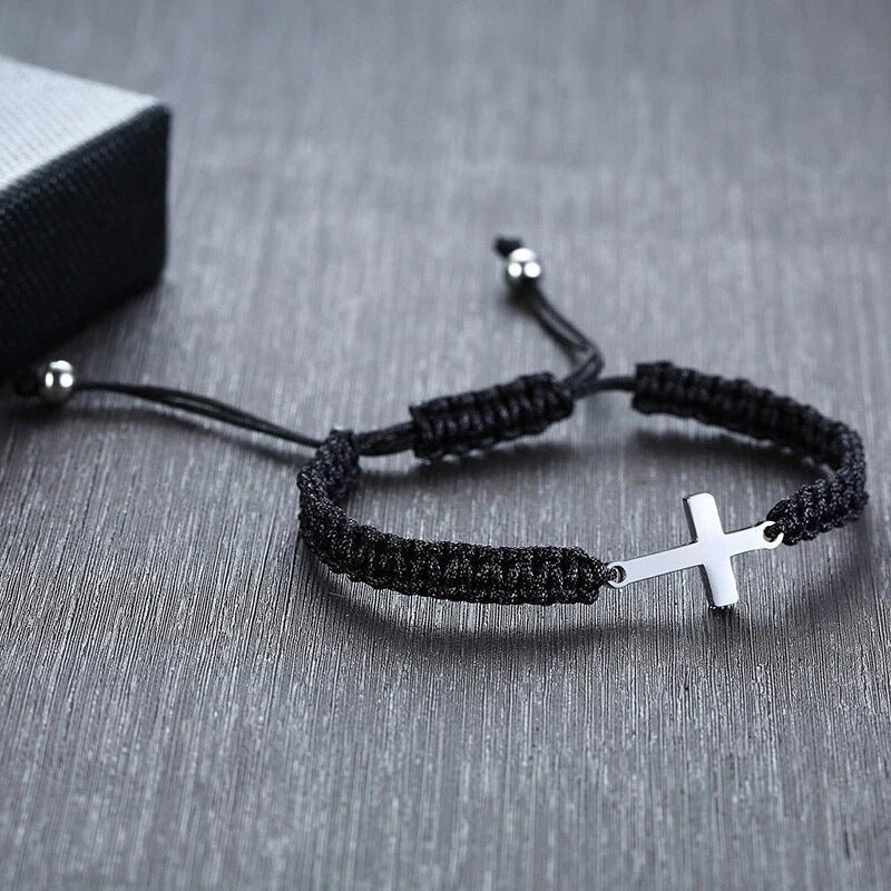 Cross Charm Braided Bracelet - Adjustable Black Cord with Silver-Tone Sideways Cross