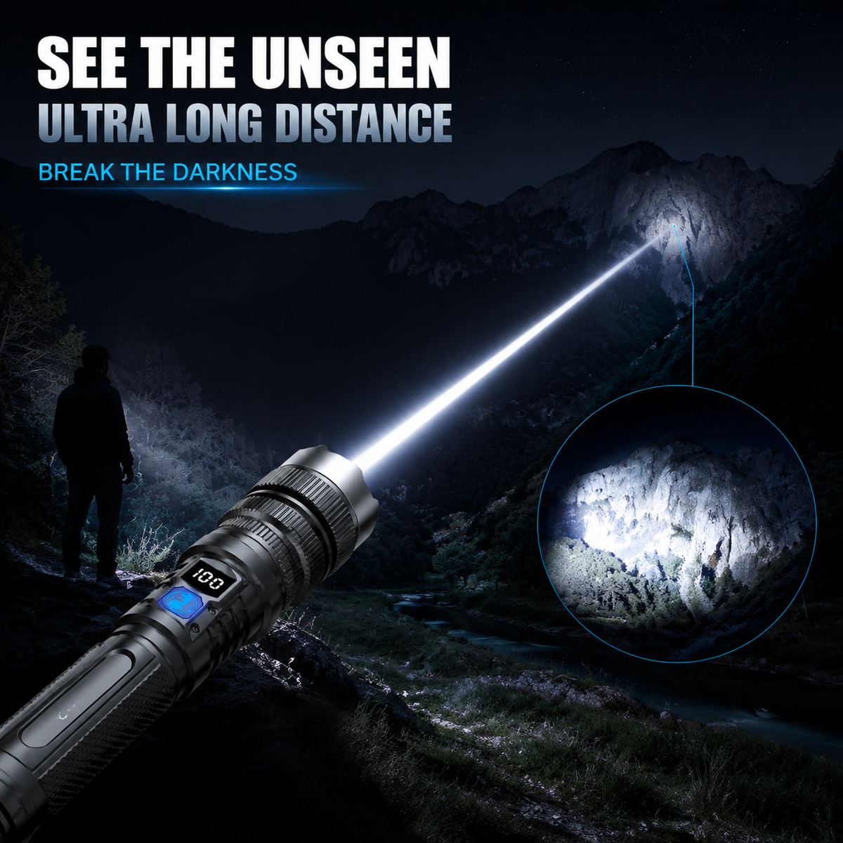 High-Power Rechargeable Zoom Flashlight – 2000LM, Power Bank & Digital Battery Display