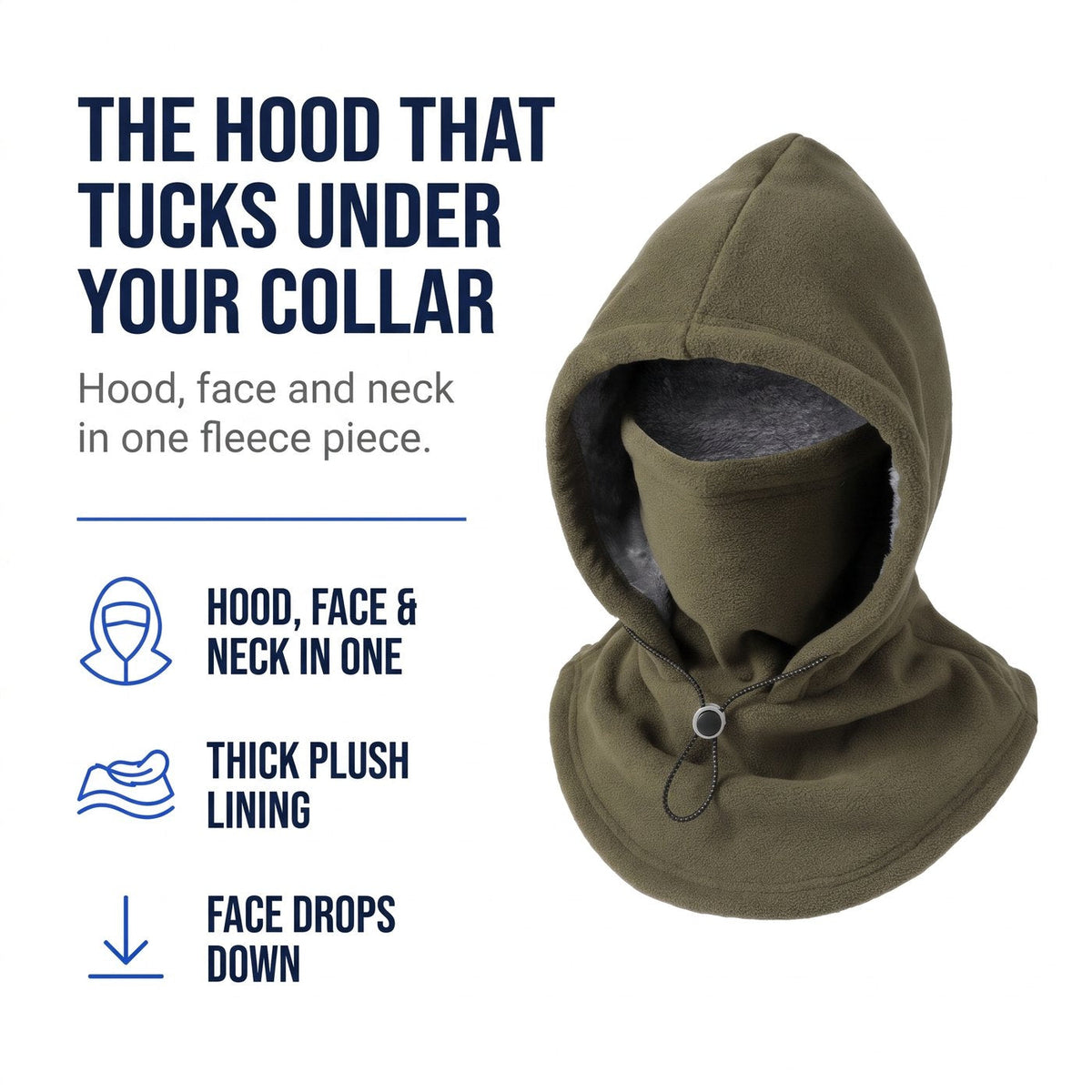 Fleece Balaclava Hood - 3-in-1 Face Cover & Neck Warmer - Plush Lined