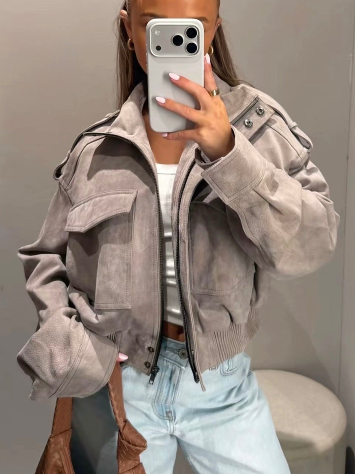 Suede Cropped Bomber Jacket in Gray