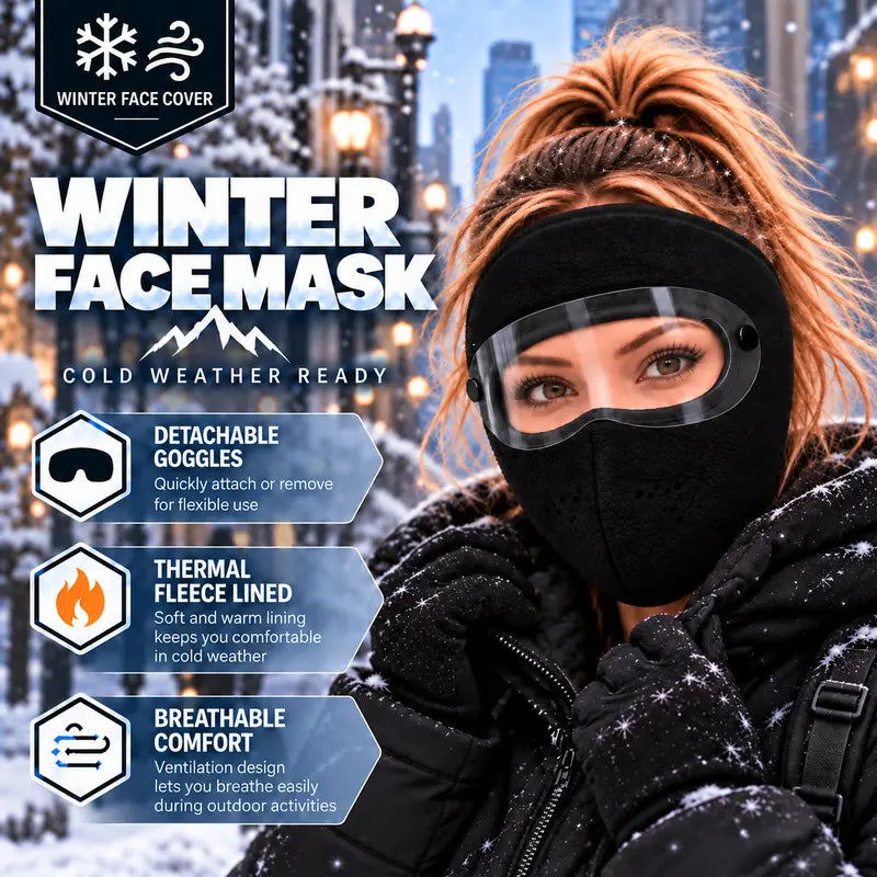 Winter Face Mask with Detachable Goggles, Windproof Thermal Fleece Lined Full Face Cover