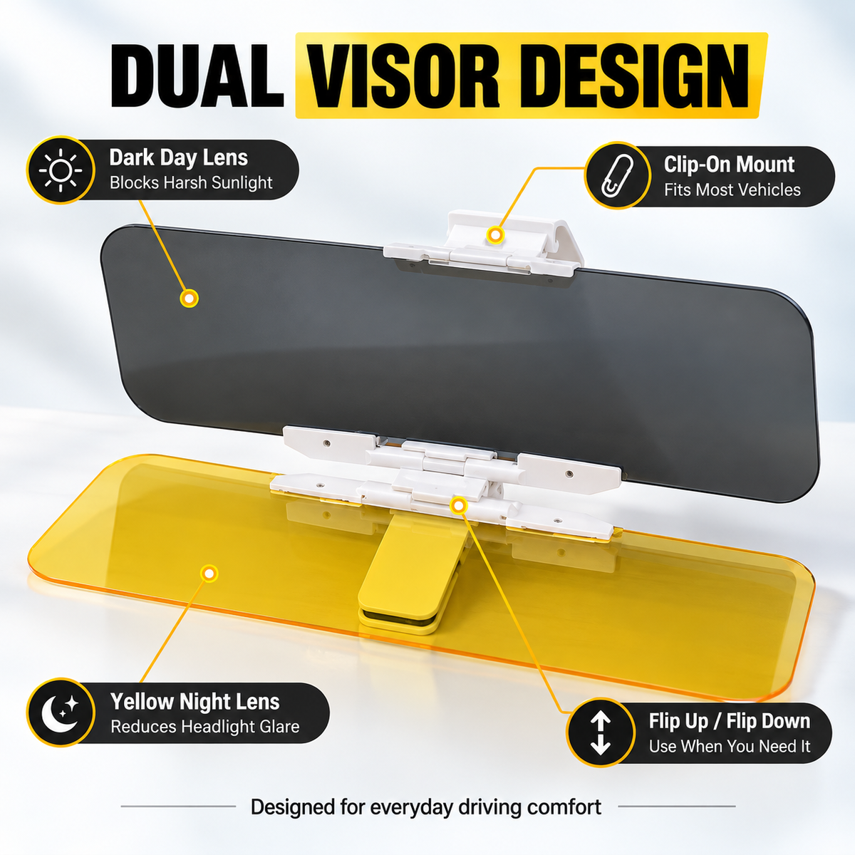 Universal HD Car Sun Visor with Anti-Glare Treatment, Day and Night Protection