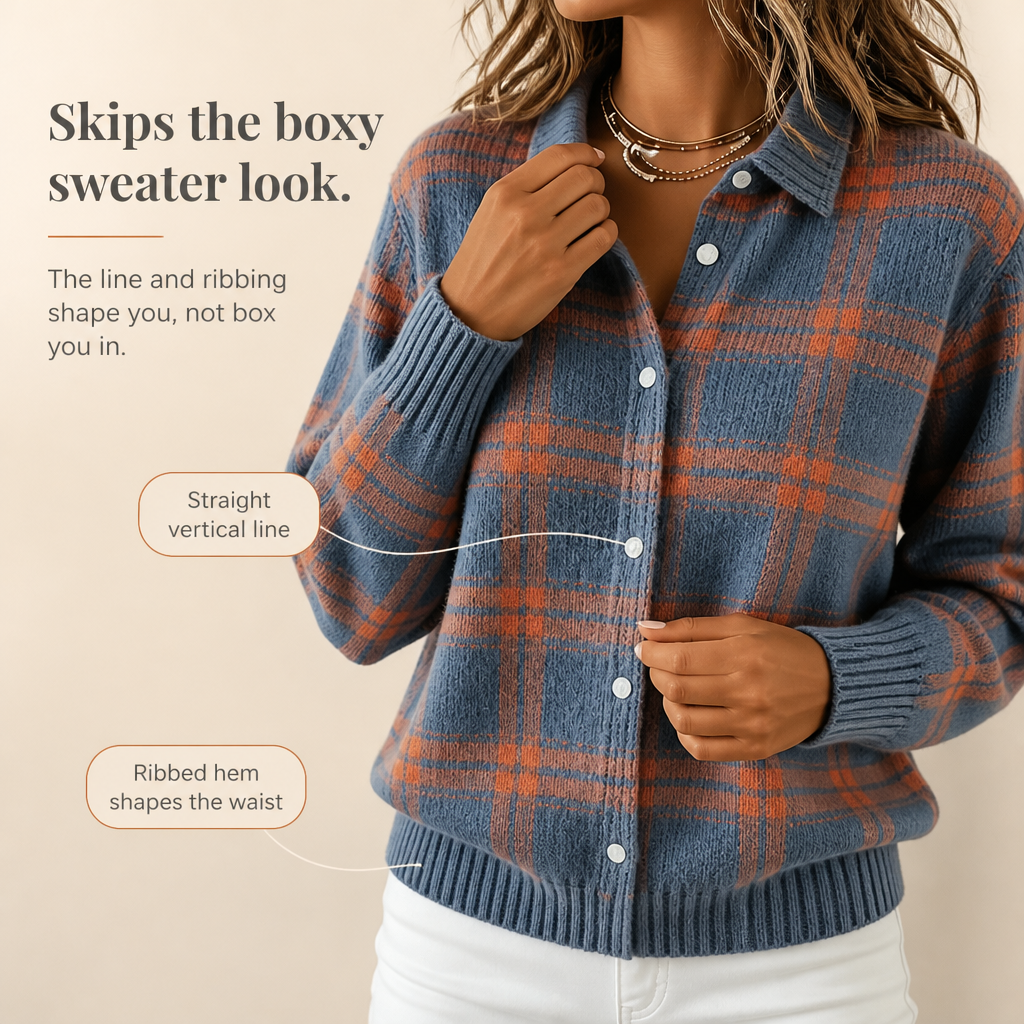 Plaid Knit Shirt-Collar Cardigan