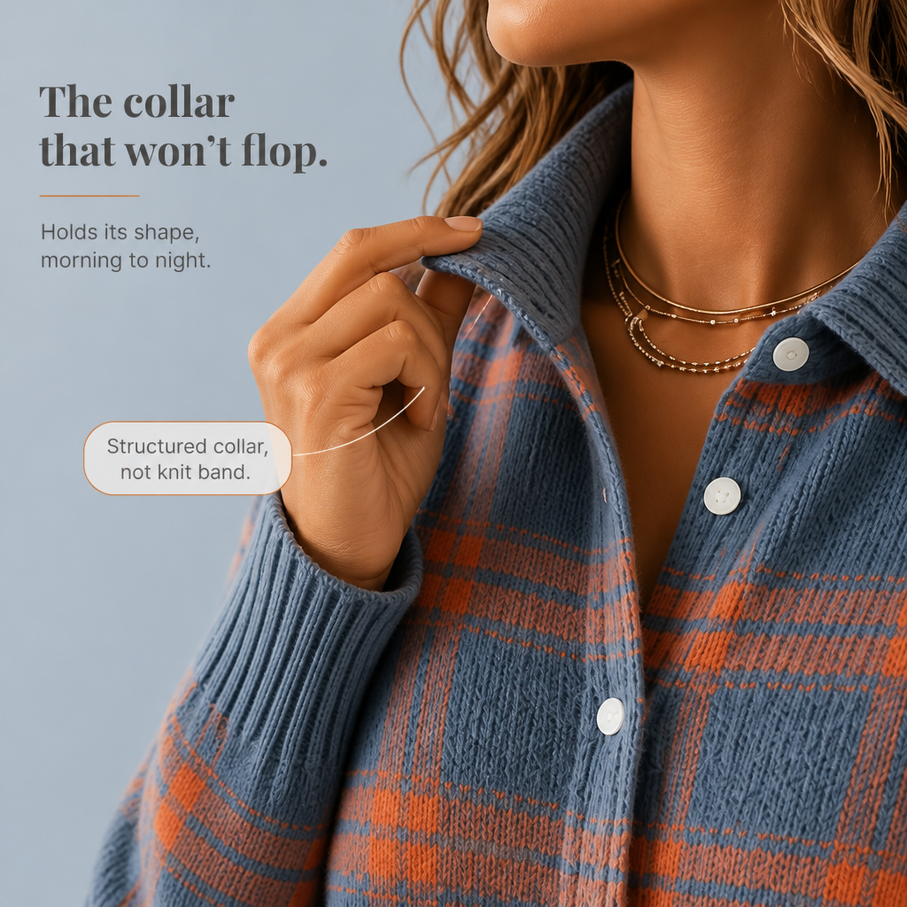 Plaid Knit Shirt-Collar Cardigan
