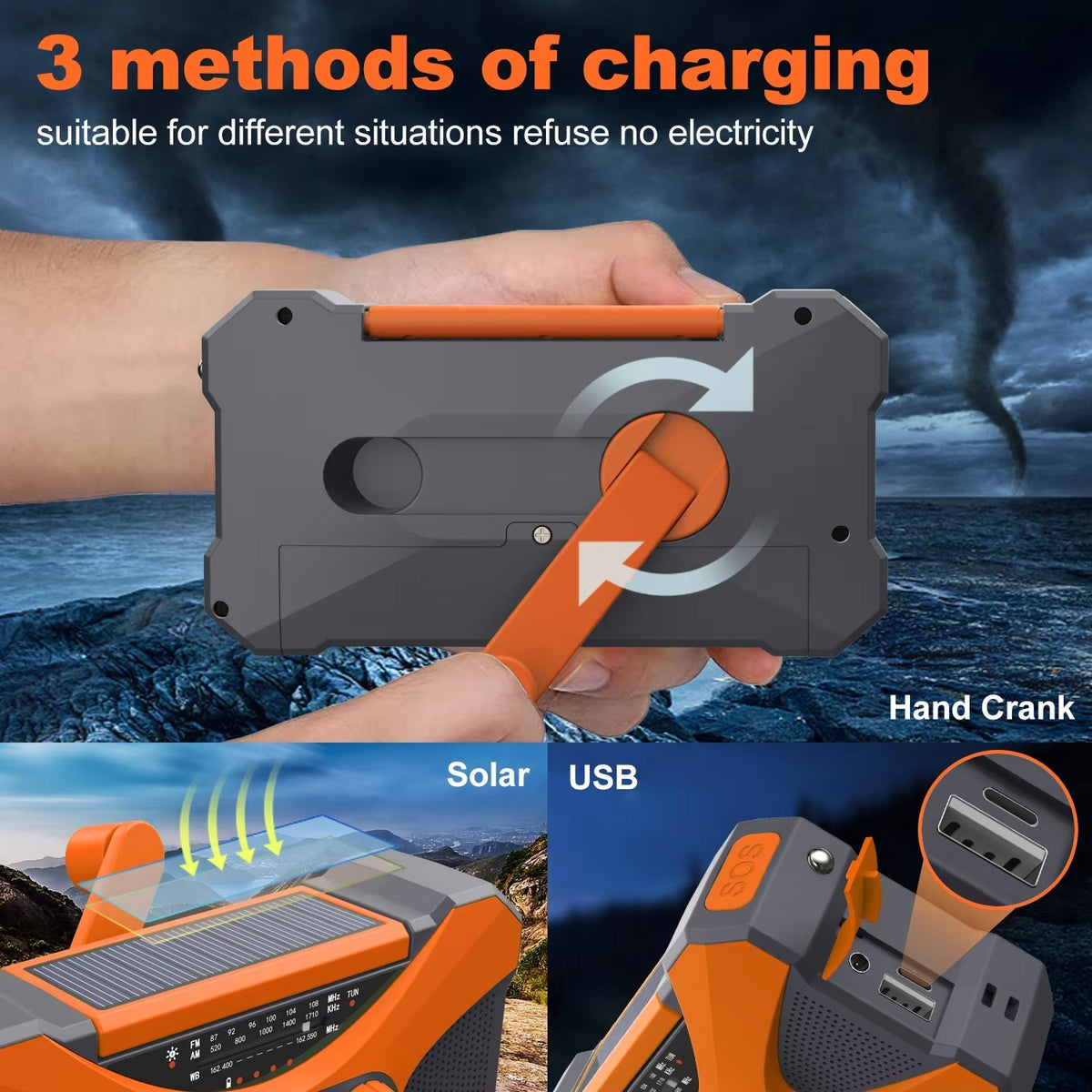 Emergency Radio with Hand Crank, Solar Panels, and NOAA Alerts