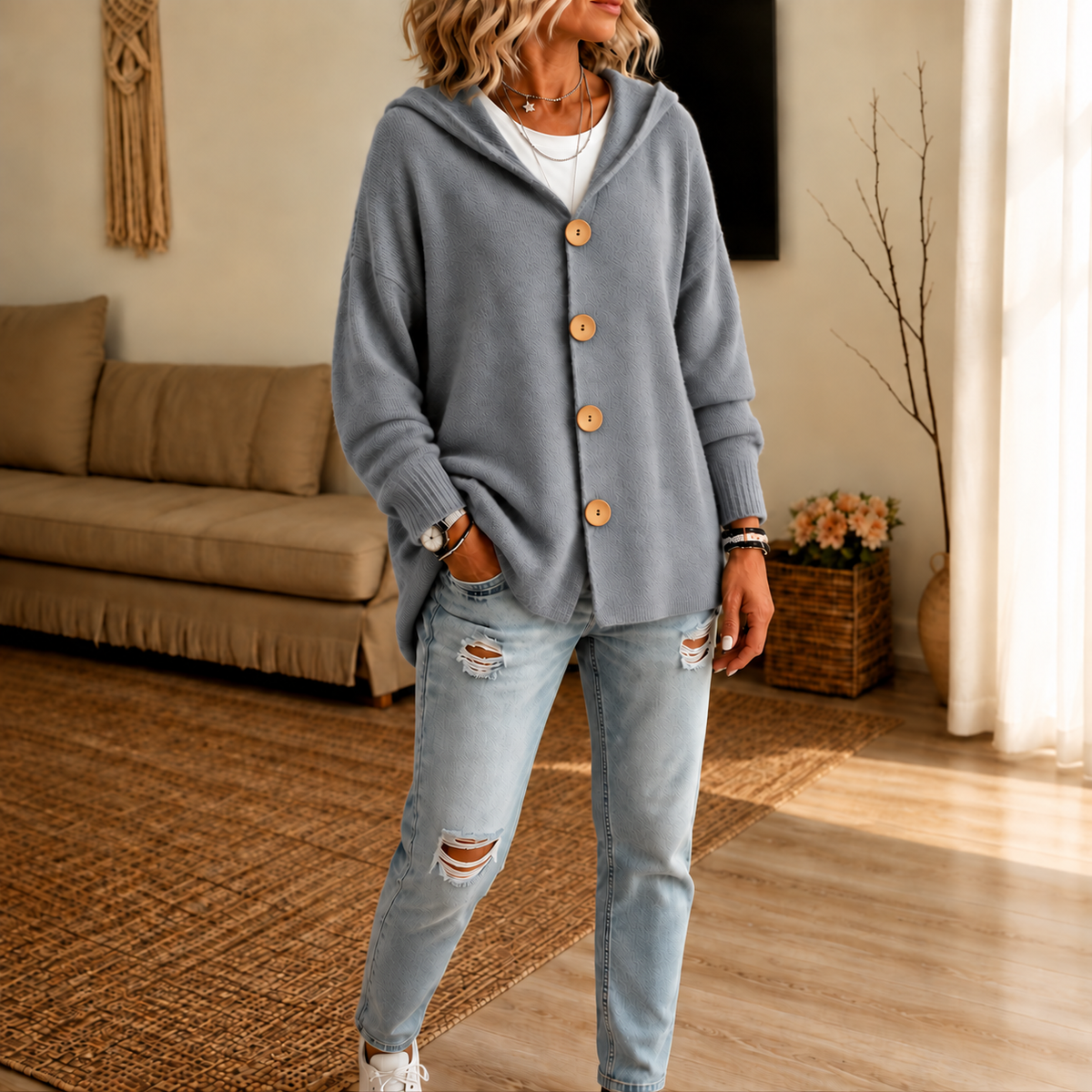 Hooded Waffle-Knit Button-Front Cardigan