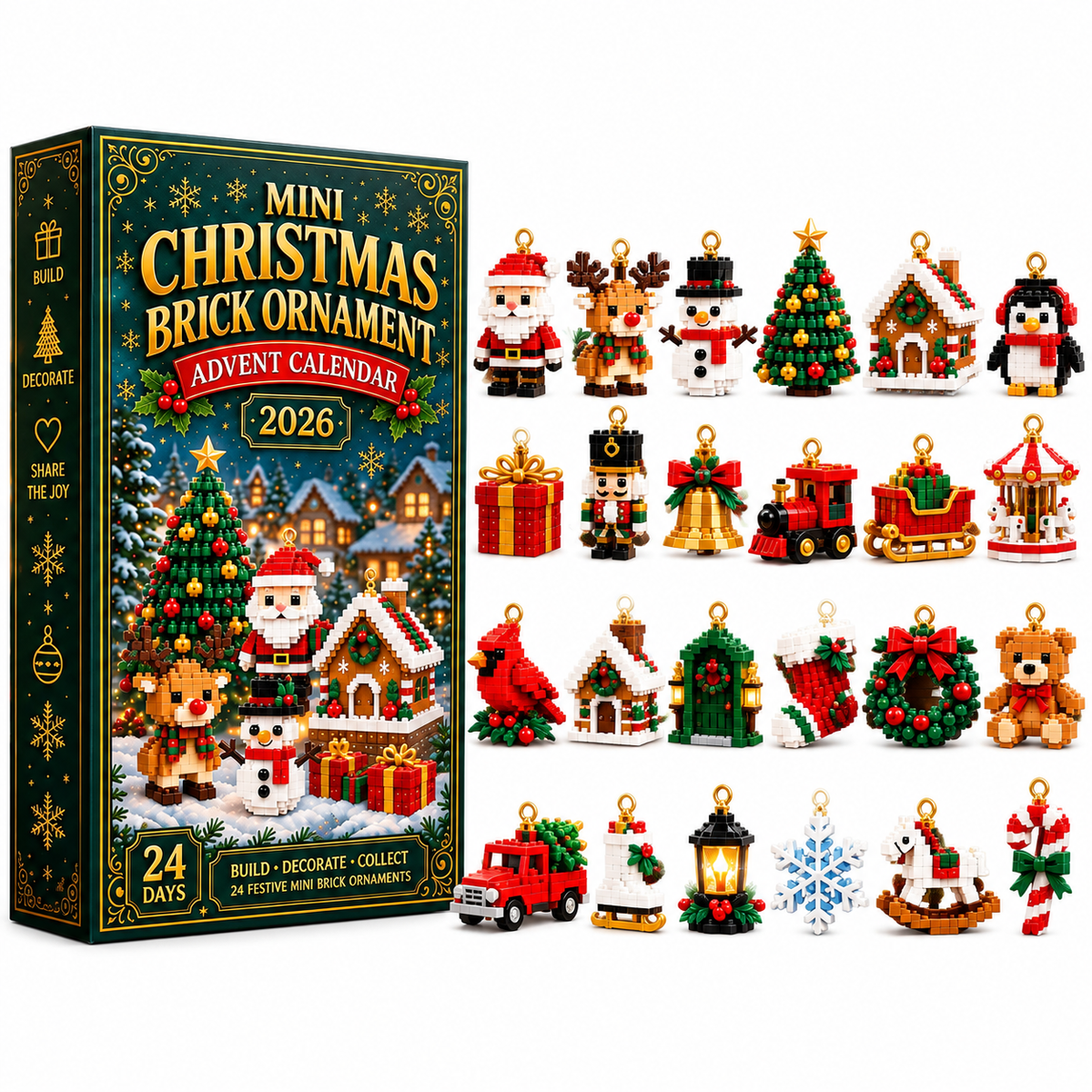 24-Day Mini Christmas Decoration Advent Calendar - 24 Unique Festive Building Sets with Hanging Loops