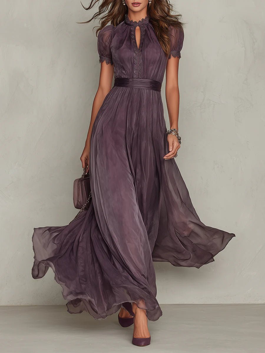 Women's Short Sleeve Keyhole Maxi Dress with Flowing Chiffon Skirt