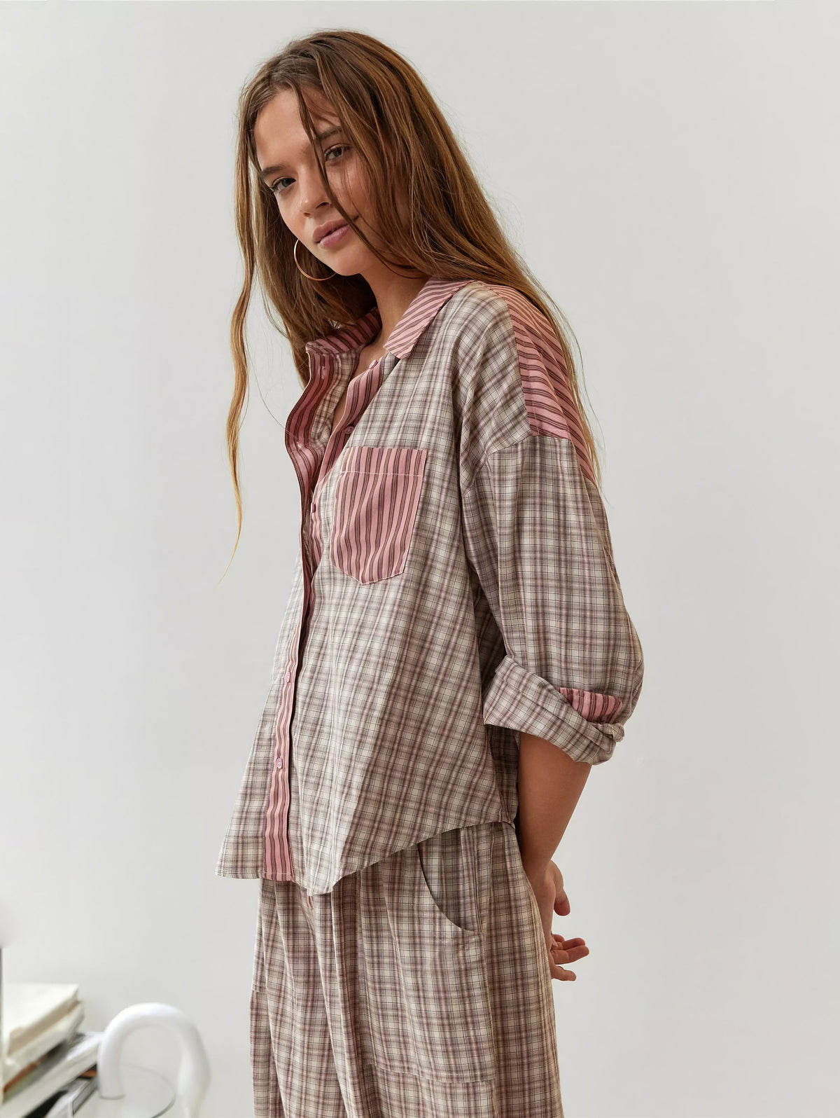 Women's Pajama Set with Button Shirt and Elastic Waist Pants