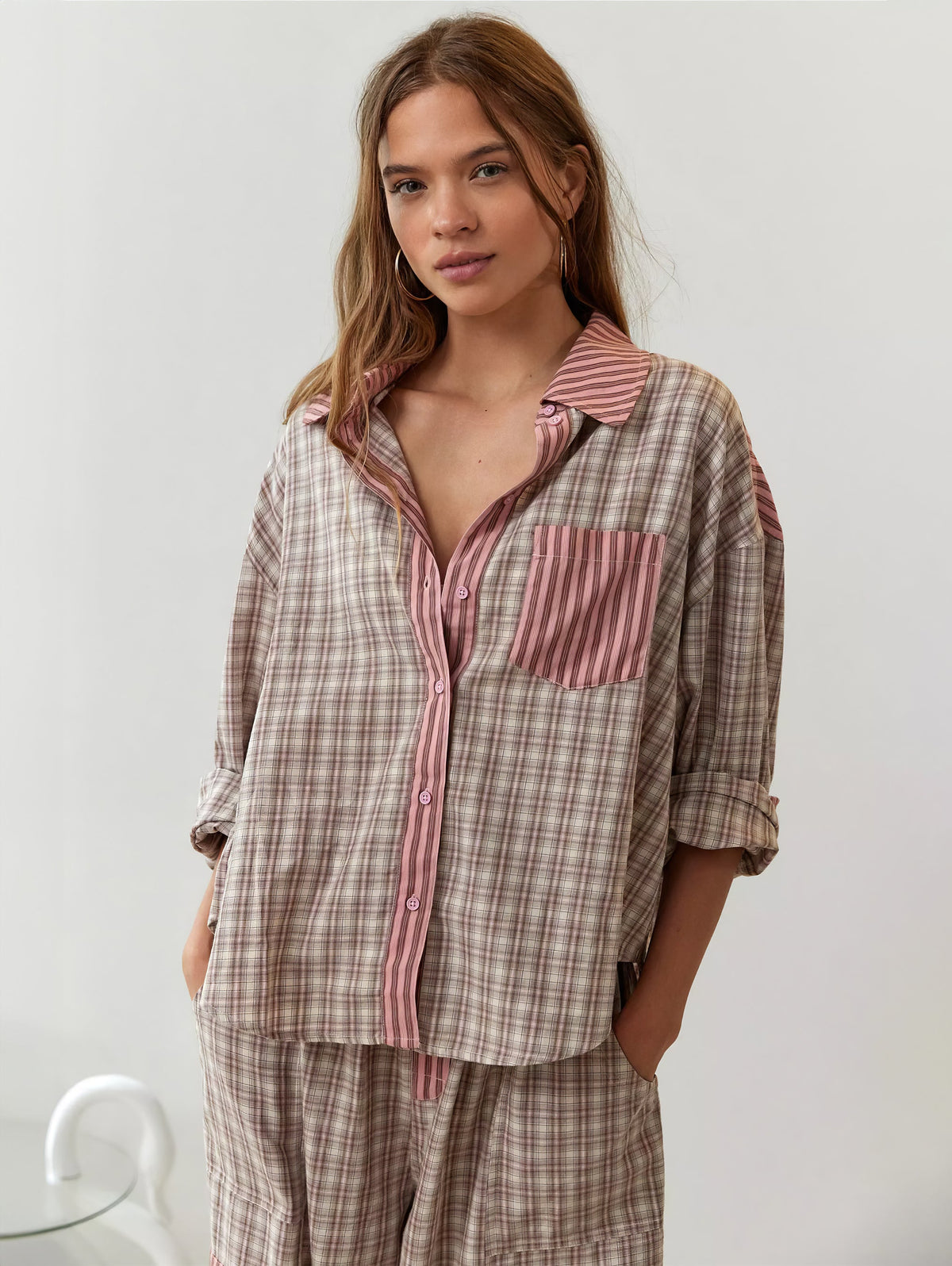 Women's Pajama Set with Button Shirt and Elastic Waist Pants