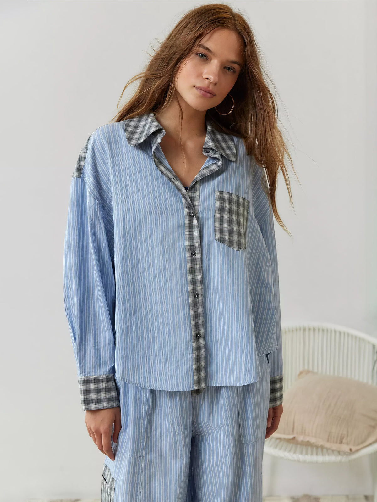 Women's Pajama Set with Button Shirt and Elastic Waist Pants