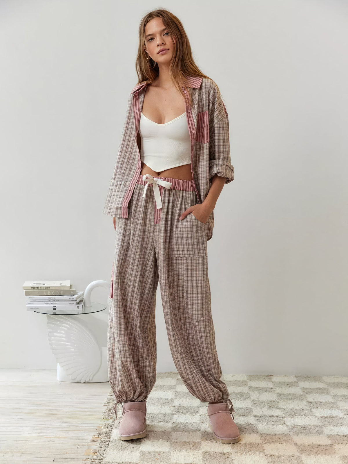 Women's Pajama Set with Button Shirt and Elastic Waist Pants