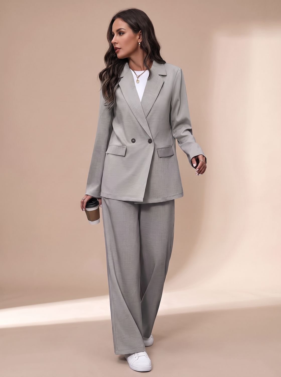 Clara Women's Fitted Double-Breasted Pant Suit with Wide Trousers