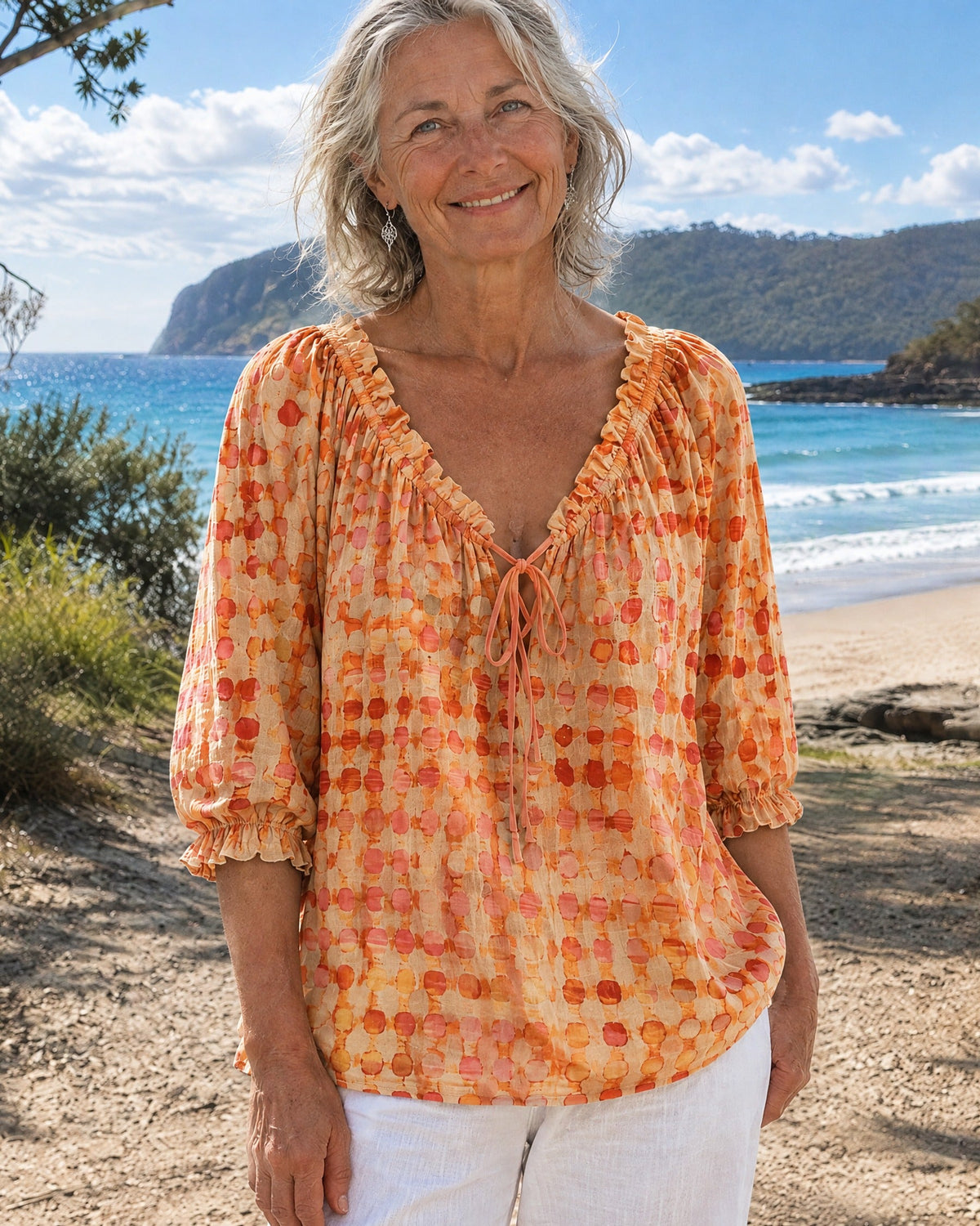 Boho Print Tie-Neck Blouse