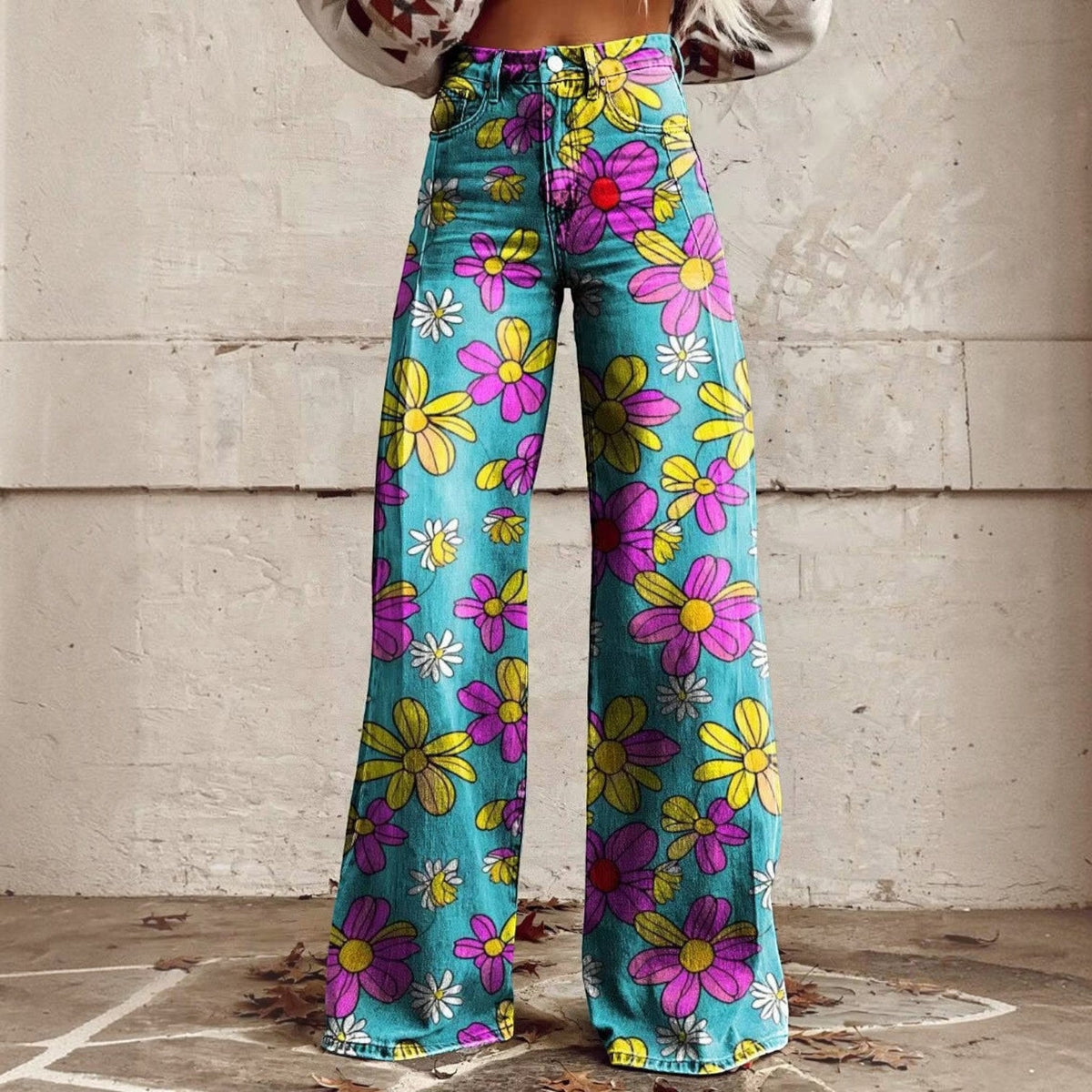 High Waisted Bell Bottom Pants with Floral Print and Stretch Fabric