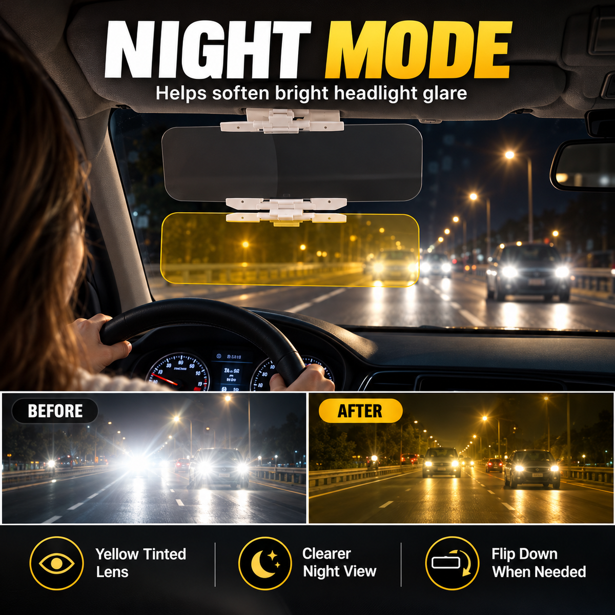 Universal HD Car Sun Visor with Anti-Glare Treatment, Day and Night Protection
