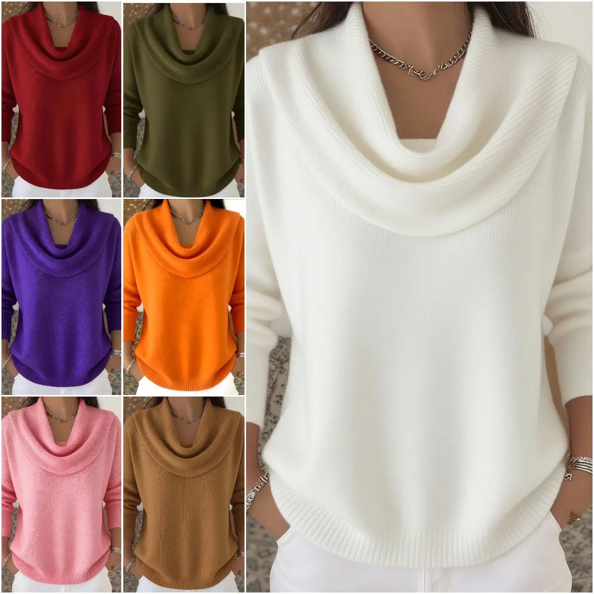 2026 Autumn/Winter New Solid Color Long Sleeve Sweater with Elegant Neckline
