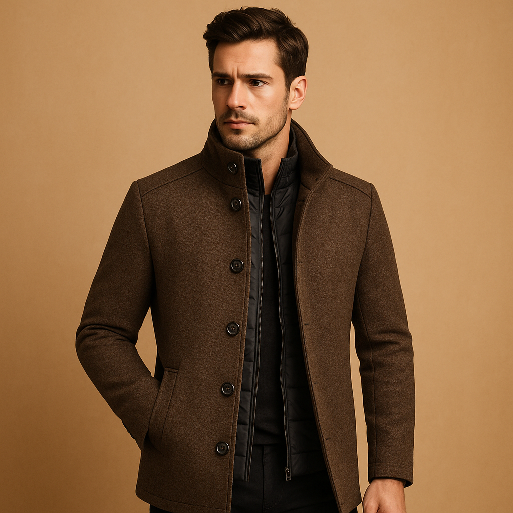 Men's Wool-Blend Mandarin-Collar Jacket – Tailored Single-Breasted Smart Outerwear for Business Office Everyday City and Autumn Winter Wear